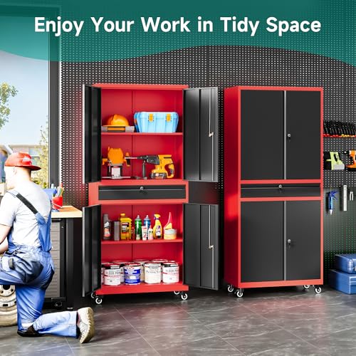 Image of SISESOL Metal Storage Cabinet with Wheels and Drawer,Rolling Garage Storage Cabinet with Lock,Black Red Metal Cabinets with Wheel,73 inch Mobile Tall Tool Cabinets on Wheel for Home,Office,Garage,Shop