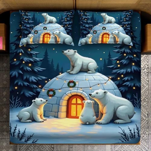 Image of Digital Printed Heavy Quality Glace Cotton 7D Bedsheet for Double Bed, 90 inch x 100 inch Flat Bedsheet with 2 Matching Pillow Covers, 300 TC (Polar Bear)