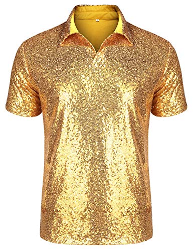URRU Men's Relaxed Short Sleeve Turndown Sparkle Sequins Polo Shirts 70s Disco Nightclub Party Shirt Tops