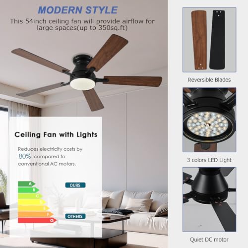 Image of Ayaoty 54 inch Ceiling Fans with Lights and Remote, Low Profile Ceiling Fan with Light, Flush Mount, Reversible, 3CCT, Dimmable, Noiseless, White Ceiling Fan for Bedroom, Indoor /Outdoor Use
