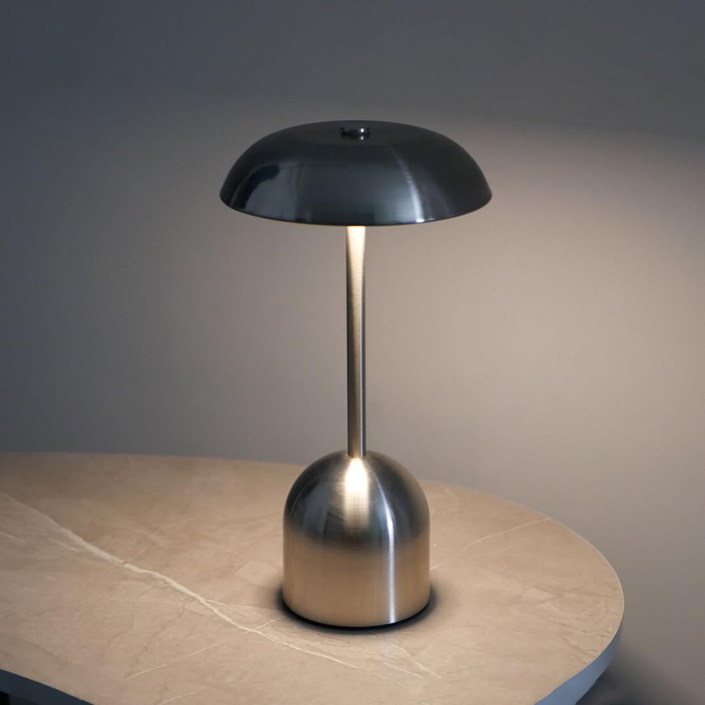 AoLa Rechargeable Mushroom Table Lamp Wireless, Dimmable Desk Lamp with Touch Control USB Rechargeable Battery Light 2000mAh, Cordless Bedside Lamp Mushroom Reading Lamp for Dining Room Bedroom,Silver