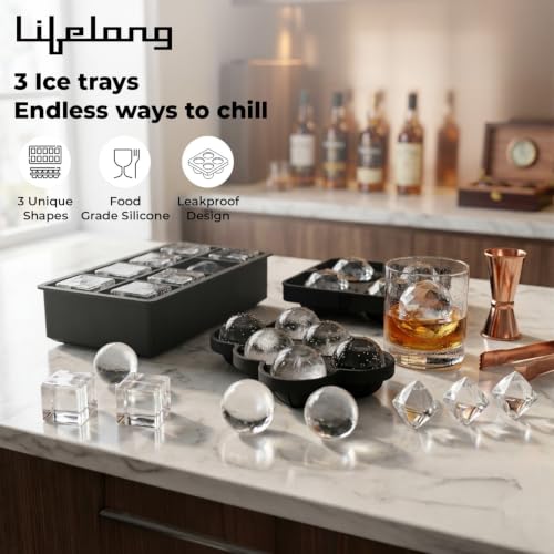Image of Lifelong Ice Cube Tray - Set of 3 | Silicone Ice Moulds for Freezer | Square, Round & Diamond | Food-Grade, Leakproof, Easy Release | Large Cubes for Cocktails, Yogurt, Ice Cream(-30C to 280C)