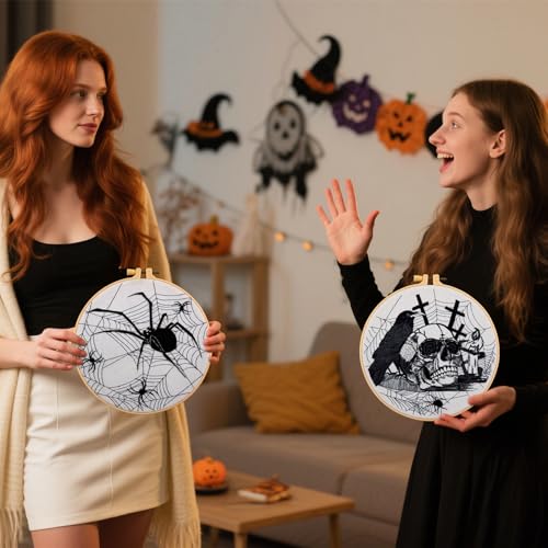 Image of Dark Gothic Embroidery Kits for Beginners Adults, Halloween Hand Embroidery Needlepoint Kits, Skull Spider Stamped Cross Stitch Kits for Beginners Adults, 2 Embroidery Hoops (Attached Video Tutorial)