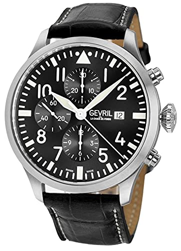 Gevril Men's Vaughn Automatic Chronograph Watch, Genuine Black Italian Leather Strap with Tang Buckle