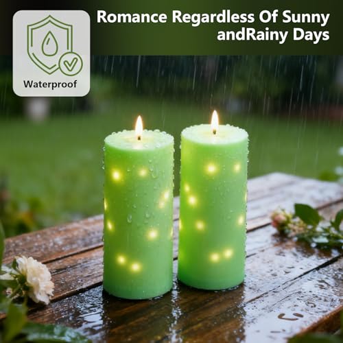 Image of kakoya 10 inch x 4 inch Large Outdoor Waterproof Flickering Flameless Candles with Timer,2Pcs Battery Operated LED Pillar Candles with Embedded Star String for Outdoor Lanterns,Porch,Patio Decor(Green)