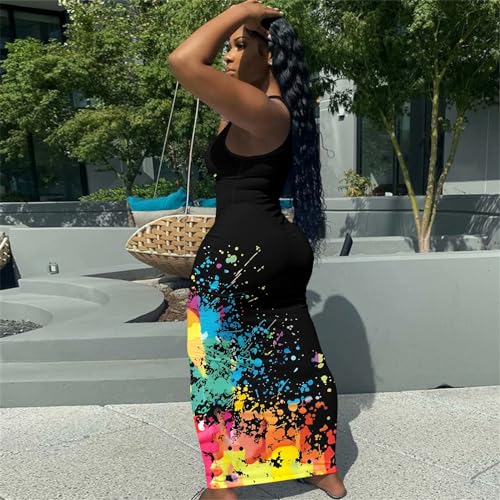 Image of Nimsruc Women Casual Sexy Deep U Neck Tank Top Bodycon Dress Summer Sleeveless Wrap Long Basic Party Club Maxi Dresses