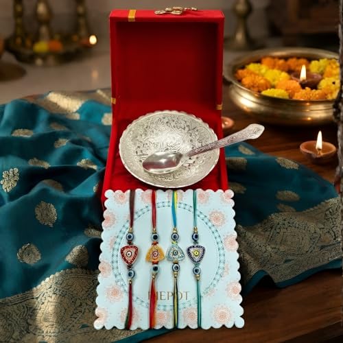 Image of Rakhi Gift Set for Brother | German Silver Bowl & Spoon | 4 Premium Raksha Bandhan Gift Hamper | Velvet Gift Box | Festive Return Gift