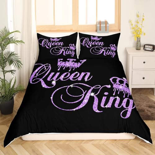 Homemissing Crown Queen and King Couple Duvet Cover Set His and Hers Bedding Set for Teens Women Men Black Purple Double Size,Lover Romantic Valentine'S Day Decorations Bedspread Cover (No Glitter) - Image 3
