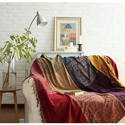 ele ELEOPTION Chenille Überwurf Decke, Jacquard Quasten Überwurf Decke Sofa Stuhl Bezug Dekorative für Bett Couch, Sessel, Folk Tribal Muster (Rot, 220 x 250 cm)