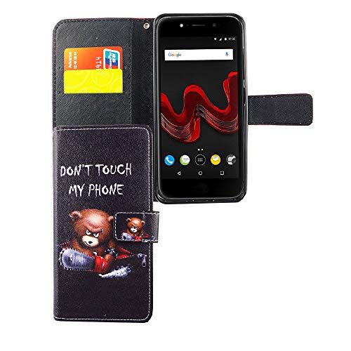 König Design Handyhülle Kompatibel mit Wiko Wim Lite Handytasche Schutzhülle Tasche Flip Hülle mit Kreditkartenfächern - Don't Touch My Phone Bär mit Kettensäge