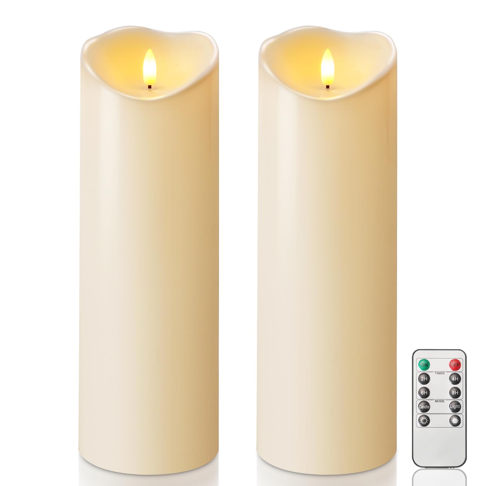 Homemory 4"x12" Outdoor Waterproof Flameless Candles with Timers and Remote Control, Battery Operated Candles, LED Plastic Candles, Dark Ivory, Set of 2