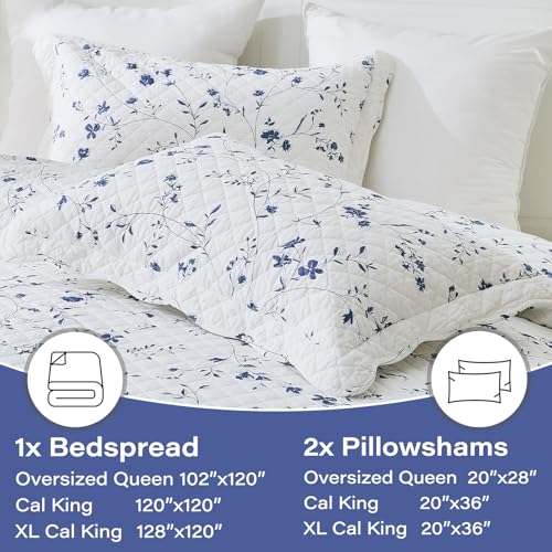 100% Cotton Bedspread California King Size - 120"x120" Blue Farmhouse Floral Quilt Set, Reversible Rustic Bedspread Coverlet with 2 Pillowshams, Soft Bedding Set 3pcs, White — view 5