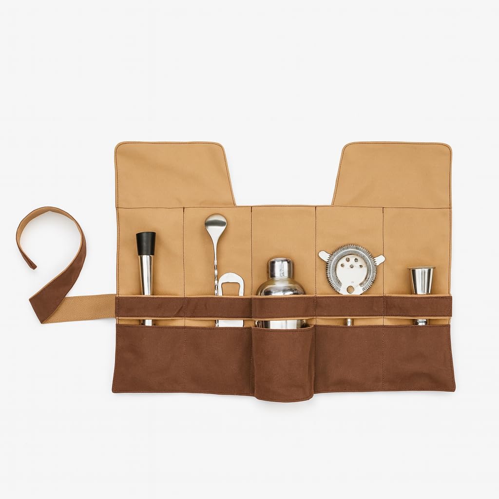 Borsa Roll Up Bartender – Set Professionale 7 Pezzi – Kit Barista da Viaggio con Tasche Porta Strumenti – Ideale per Cocktail, Bar, Barman e Mixology