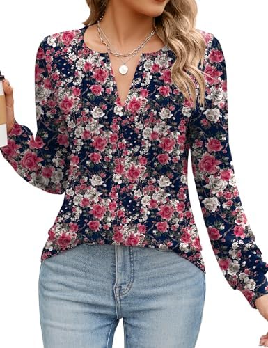 AKEWEI Womens Long Sleeve Shirts Puff Sleeve V Neck Pleated Shirts Loose Fit Blouses for Dressy Casual 2025 Spring Tops