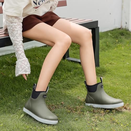 Foinledr Gummistiefel Damen Halbhoch, Wasserdicht Gefüttert Antirutsch Stiefel, Regenstiefel für Outdoor Gartenschuhe