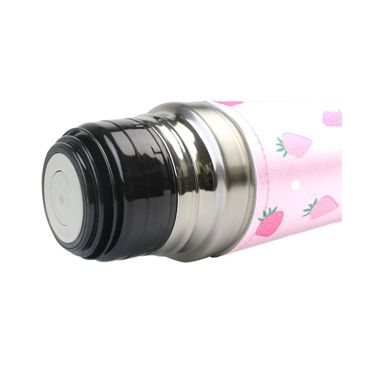 Taza de viaje aislada al vacío de acero inoxidable con doble pared a prueba de fugas, bonito diseño de fresa rosa, personalizable impreso en piel auténtica, termo de 500 ml