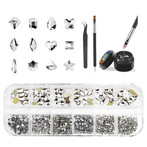 Crystal Clear Round & Shaped Glass Nail Rhinestone Set (1200+60pcs), Mixed Nail Crystals with 8ml Rhinestone Glue Tweezer Brush Pen, Flatback Clear Crystal Rhinestones for Nail Art Decoration