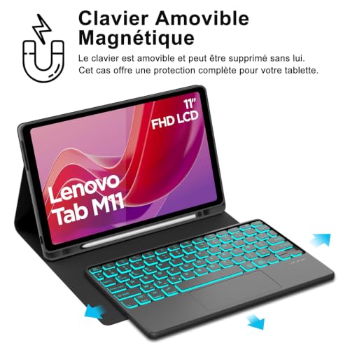 Funda teclado Lenovo Tab K11 11 pulgadas teclado Bluetooth extraíble francés retroiluminado 6