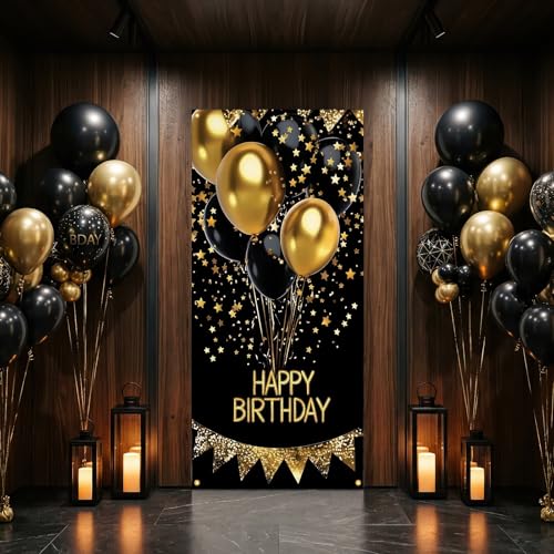 Happy Birthday Door Banner Decorations - Black and Gold Birthday Door Cover for Men Women 35 x 71 Vertical Front Door Hanging Sign Reusable Party Supplies for 18th 21st 30th 40th 50th 60th