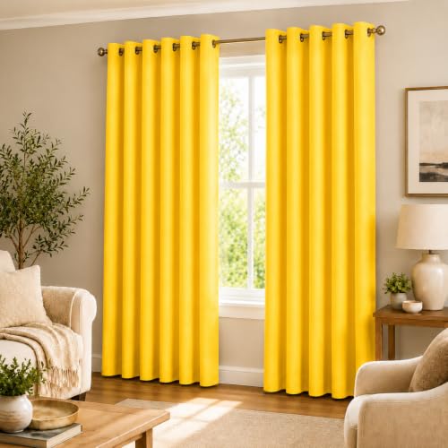 Image of Polyester Eyelet Door Curtain, Solid Plain Light Filtering Curtain for Bedroom, Living Room & Home Office, 7 Feet (84 x 48 Inch), Yellow, Pack of 2