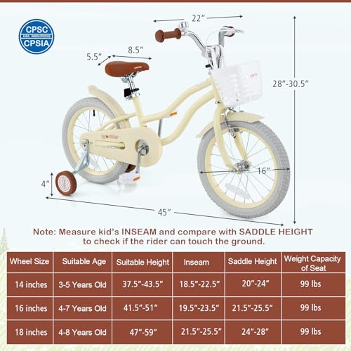 Image of BABY JOY Kids Bike, 12 14 16 18 20 Inch Boys Girls Bike w /Removable Basket | Kids Bicycle with Adjustable Seat & Handlebar, Handbrake & Coaster Brake, Training Wheels or Kickstand (Multi-Color Choices)