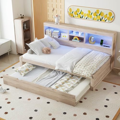 PUGSDRLY Canapé Lit 90x200cm avec lit gigogne 90x190cm,Canape lit 1 Places avec LED,USB et Prise électrique,Compartiment de Rangement Côté,sans Matelas (Nature,...