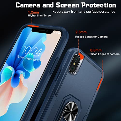 Oterkin Shockproof Iphone X/Xs Case With [360°Rotatable Magnetic Ring Kickstand] [Tempered Glass Screen Protector],Slim Daily Use Phone Case -Blue #TOP2