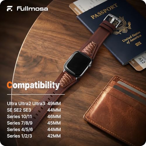 Image of Fullmosa Top Grain Vintage Leather Strap Compatible for Apple Watch | Ultra3 /2 /1 49mm 46mm 45mm 44mm 42mm (NO WATCH) Premium Leather Band for iWatch SE3 /2 /1 series 11 10 9 8 7 6 5 4 3 2 1 Men