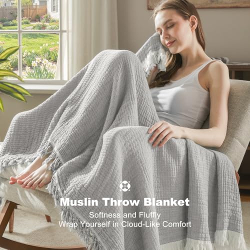 Image of EMME Muslin Queen Blanket with Tassels, 100% Cotton Gauze, Grey, 80 inchx90 inch | Soft Breathable Gauze Throw, Lightweight, Cozy for Adults Couch Sofa Bed, Gifts for Women Mom, Boho Home Decor, All Season