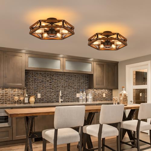 6-Light Large Rustic Farmhouse Wood Flush Mount Ceiling Light Fixture 20 inch Oak Wood and Metal Cage Semi Flush Mount Ceiling Light for Hallway Entry Farmhouse Bedroom Living Room, Black by Wylitora - Used condition - Image 2