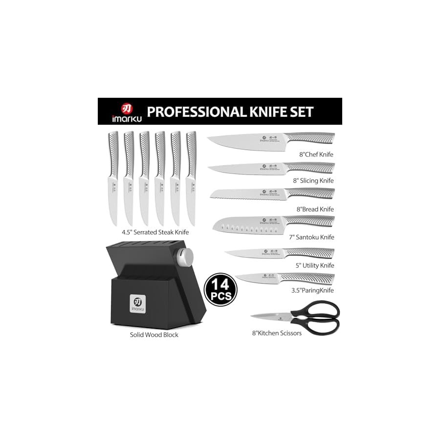 imarku 14-Piece Knife Block Set, Knife Set with Block and Build-in Sharpener, Japanese Stainless Steel Knife Set for Lasting Sharpness, Dishwasher Safe, Black