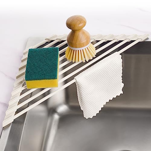 Tomorotec Escurridor de platos triangular compacto con revestimiento de silicona para esquina del fregadero, organizador plegable de acero inoxidable y estante de almacenamiento (color crema)