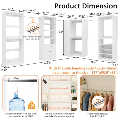 Closet Organizer System of 4 Sets with 3 Drawers, 9 Hanging Rods & 8 Shelves, 157" Walk in Closet System, Corner Closet Organizer, Modular Standalone Closet, White - Image 4