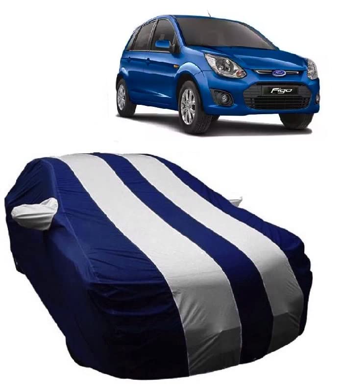 Image of Carigiri White and Navy Blue Car Body Cover for New Ford Figo(Triple Stitched,Mirror Pockets,UV Resistant,Dustproof)(Models-2010, 2011, 2012, 2013, 2014, 2015)