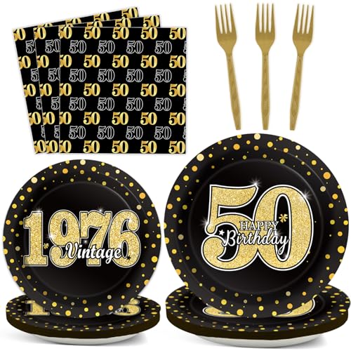 Image of 200Pcs 50th Birthday Party Decorations Vintage 1976 Paper Plates and Napkins Black Gold 50 Year Old Disposable Tableware Set for Men Women 50th Birthday Anniversary Party Favors Supplies Serves 50