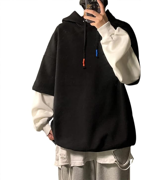 Amazon Nolcctn パーカー メンズ 春服 長袖 プルオーバー かっこいい トップス 切り替え フード付き トレーナー 大きいサイズ T シャツ おしゃれ ストリート ロングパーカー 重ね着風 春 秋 冬 トレーナー パーカー 通販