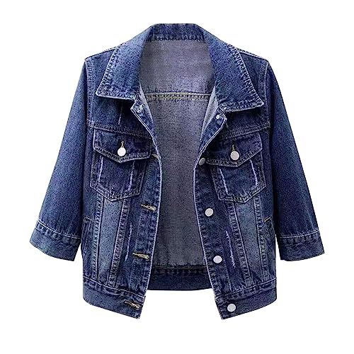 Womens Short Denim Jacket 3/4 Sleeve Lapel Button Down Cropped Trucker Jean Jackets Coats Button Down Cropped Denim 20253