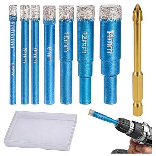 8 Stück Fliesenbohrer Set Ø 5|6|8|10|12|14mm Bohrer Set + 6mm Vier-Schneiden-Positionierbohrer,Diamantbohrer Fliesen,Steinbohrer,Fliesenbohrer 6mm,Diamant Bohrer Fliesen,Glasbohrer Set für Keramik