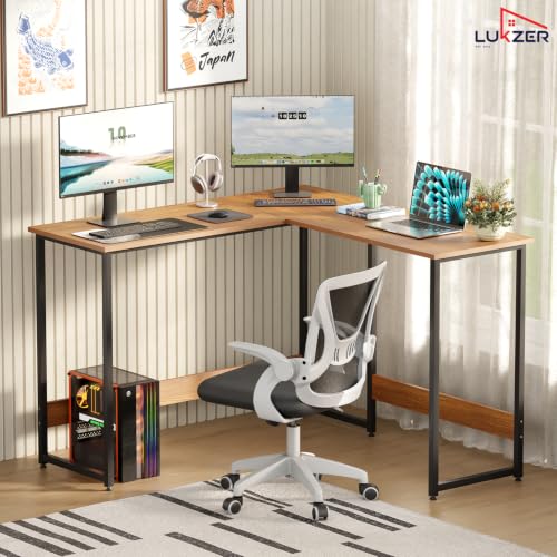 Image of Lukzer L-Shaped Corner Study Desk Engineered Wood Computer Laptop Table for Home or Office | MST-007 /Black & Oak Brown | Multi-Functional Gaming Station and WFH Desk with Metal Frame