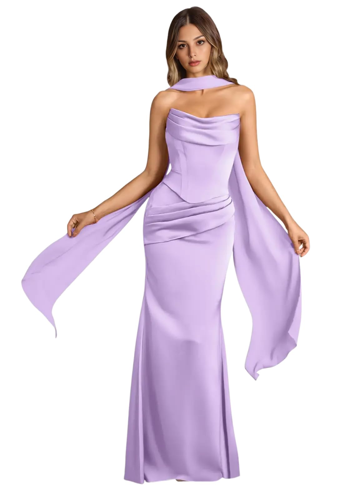 Strapless Bridesmaid Dresses with Scarf Convertible Long Mermaid Ruched Satin Formal Evening Ball Gown for Women