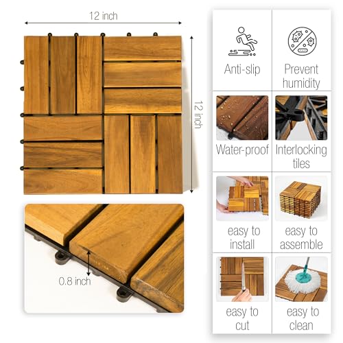 Image of Pack of 10 Deck Tiles - 12 inchx12 inch Interlocking Natural Solid Acacia Wood for Outdoor & Indoor, Patio Garden, Balcony, Poolside - Golden Teak Color