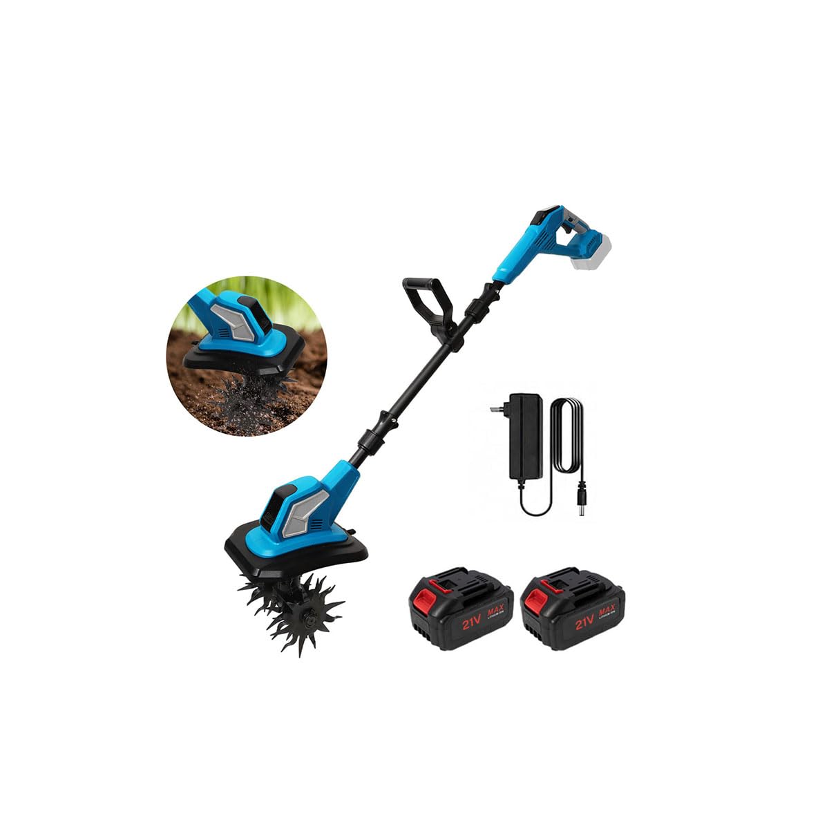Motoazada Electrica 600W,21V Motoazada Bateria,24 cm de Ancho y 17 cm De Profundidad,Barra Regulable Desmontable,Rodillo Doble 4 Cuchillas,Velocidad de 360 RPM,para Huertos y Patios (2 Batería)