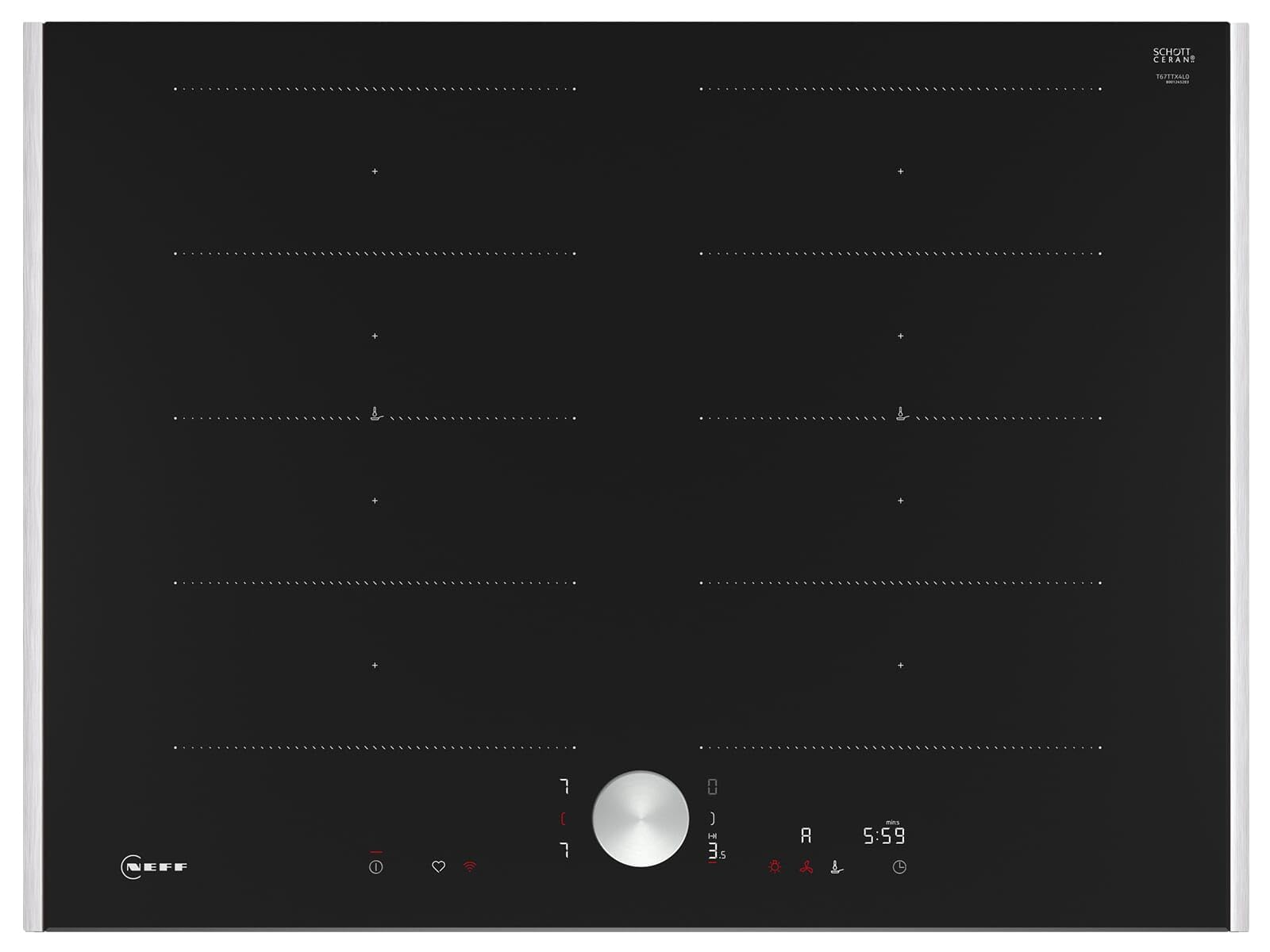 NEFF T67TTX4L0, N 90, Induktionskochfeld, autarkes Glaskeramik-Kochfeld 70 cm breit, Twist Pad, Flex Induction, Home Connect, Smart Hood Automatic, aufliegend, Schwarz