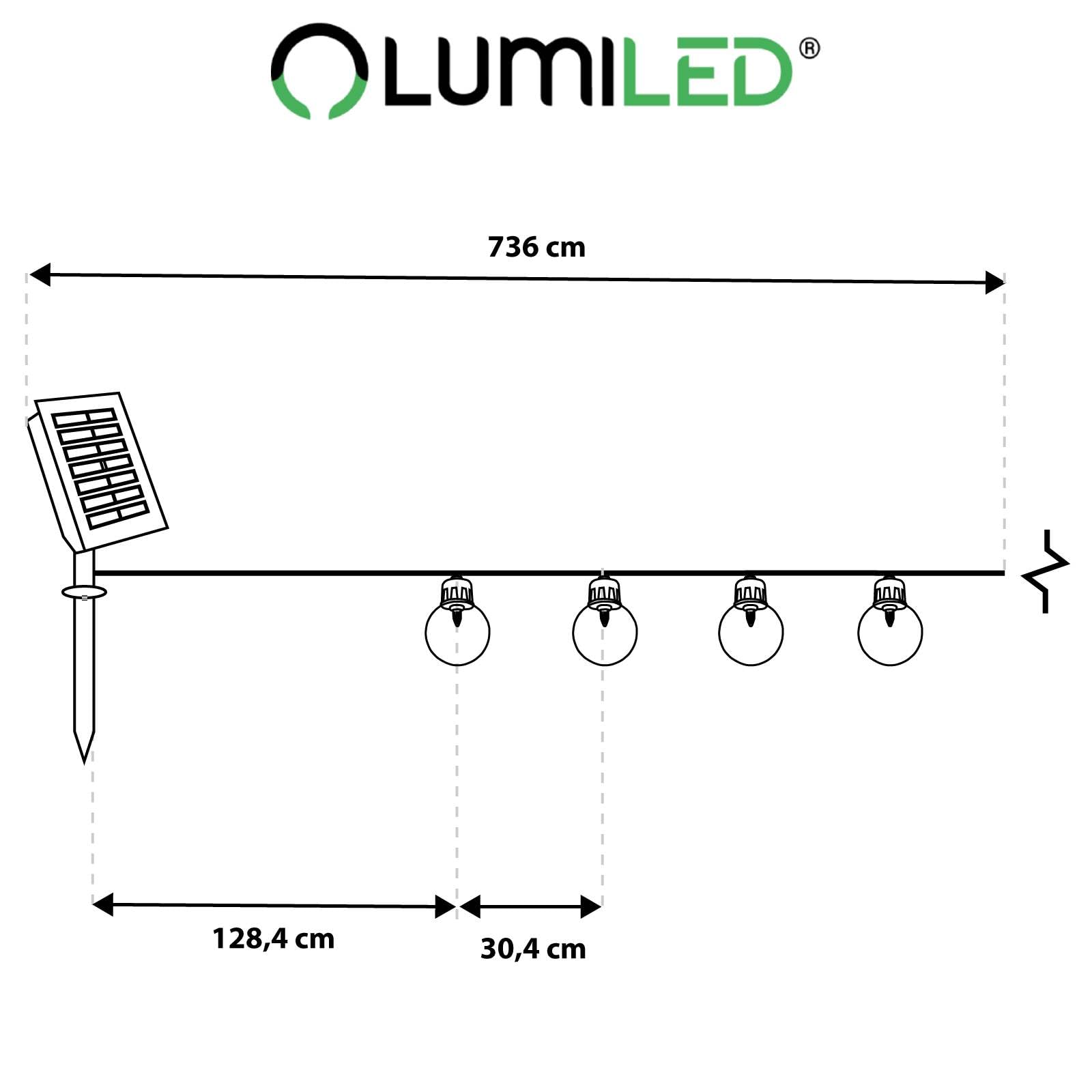 Lumiled Solarny łańcuch świetlny do użytku na zewnątrz, 7 m, 20 diod LED + 2 zapasowe żarówki, pilot zdalnego sterowania, IP44, odporny na warunki atmosferyczne, 8 trybów pracy, ciepła biel, 3000 K