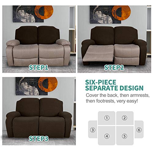 Image of YEMYHOM 6 Pieces Stretch Loveseat Recliner Slipcover Jacquard Recliner Sofa Cover with Side Pocket Fitted Recliner Cover Couch Furniture Protector with Elastic Bottom (Loveseat Recliner, Dark Coffee)