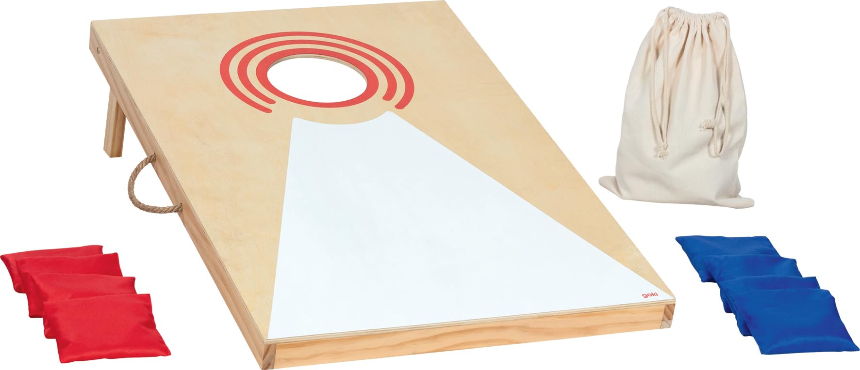 goki 56329 - Cornhole-Spiel Wurfspiel aus Holz und Baumwolle, mobiles Familienspiel mit 8 Wurfsäcken in 2 Farben, einklappbaren Füßen und Transportbeutel, Indoor und Outdoor, 10er Set, ab 5 Jahre