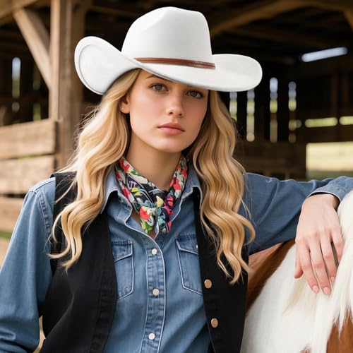 Image of DRESHOW Cowboy Hat for Women and Men Wide Brim Western Cowboy Cowgirl Hat with Belt Buckle Unisex Rolled up Caps