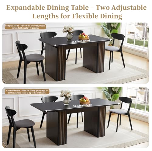 Image of 55 in-71 in Extendable Rectangular Dining Table for 4-6, Modern Farmhouse Expandable Kitchen Table with Carved Line Base, Wooden Dinner Table for Kitchen Living Room Home Office (Black)