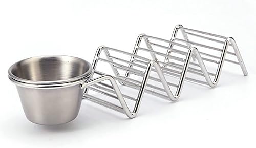 TOPINCN Soporte para tacos de acero inoxidable, 3 rejillas en forma de V, bandeja para tacos con taza de salsa, bandeja de metal para servir