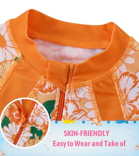 Image of Girls Long Sleeve Rashguard Half Zip Swimsuits UPF 50+ Two Piece Swim Sets with Hairband 5-12Y | Two Piece Swim Sets with Hairband